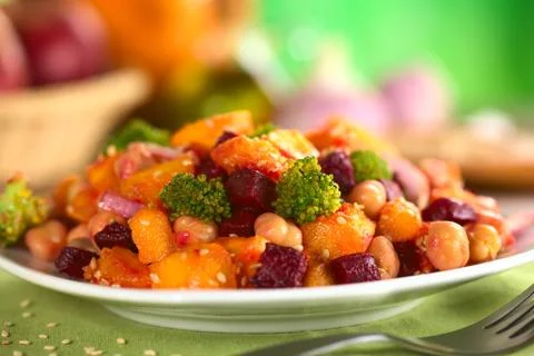 Pumpkin, beetroot, broccoli and chickpea salad Stock Photos