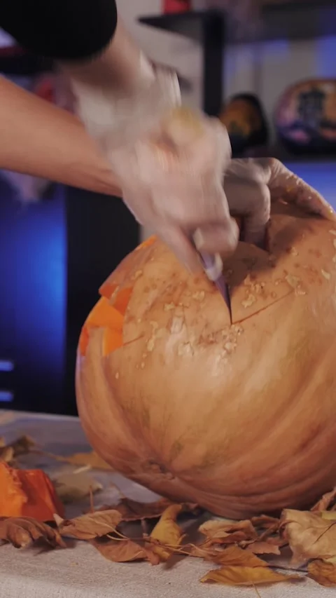 Pumpkin Being Carved For Jack OLantern By Woman in gloves Stock Footage 320894791
