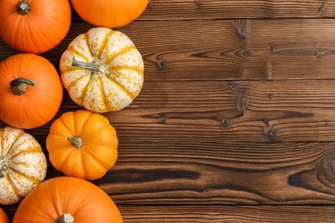 Pumpkin border over rustic wood Fotos Stock
