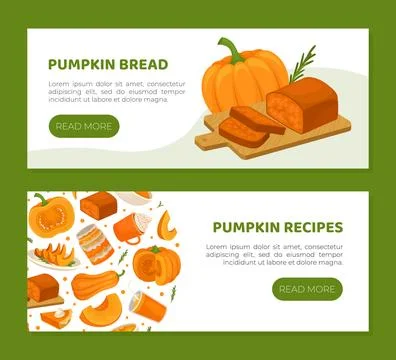 Pumpkin bread landing page templates set. Pumpkin recipes, delicious dishes made Stock Illustration