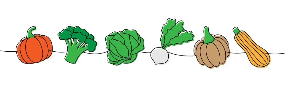 Pumpkin, broccoli, cabbage, fresh turnip, zucchini one line colored continuous Stock Illustration