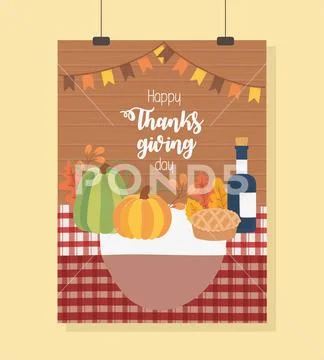 Pumpkin cake wine bottle tablecloth happy thanksgiving poster Stock Illustration