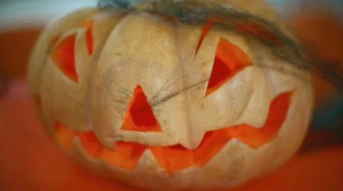Pumpkin Carved With A Face And Glowing For Halloween Stock Footage 44119516