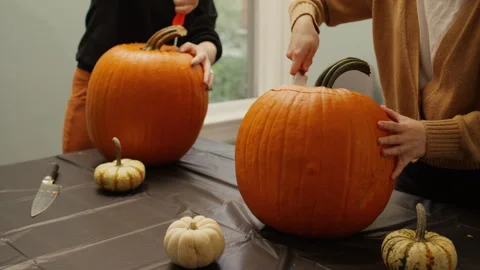 Pumpkin Carving at Halloween - Two Pumpkins Are Cut Open 4K Video stock 308196622