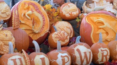 Pumpkin carving jack o lantern display for fall festival for halloween Stock Footage 123585740