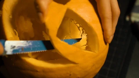 Pumpkin Carving With Knife Stock-Footage 96304479