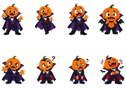 Pumpkin characters dressed as vampires express various emotions Illustrazione stock