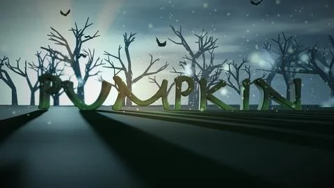 Pumpkin Charred 3D Text in a Haunted Swamp with Flying Bats Stock Illustration