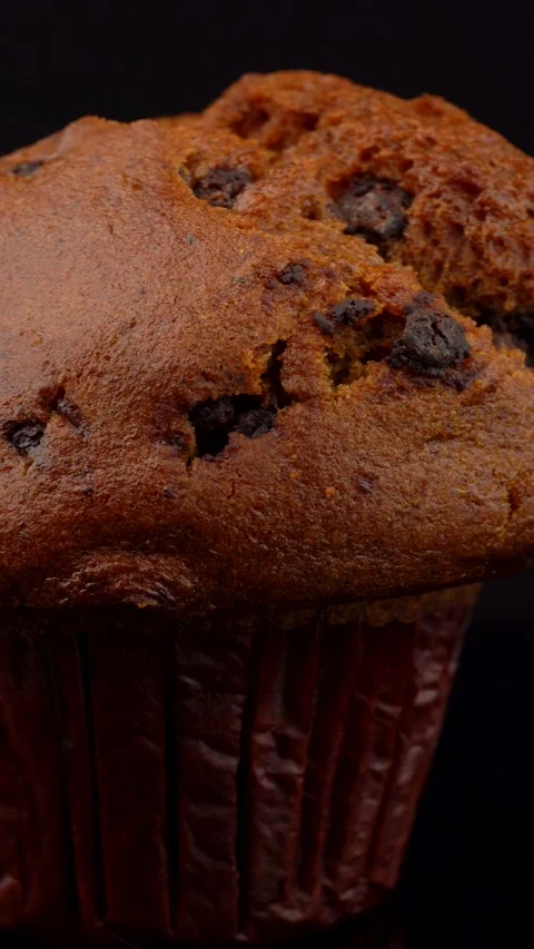 Pumpkin Chocolate Chip Muffin Rotating on Dark Background Under Studio Lights Stock Footage 330517433