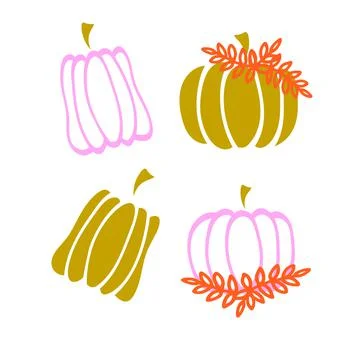 Pumpkin coloring set modern decor for autumn.Vector black silhouette. Stock Illustration