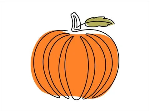 Pumpkin in continuous one-line drawing style with green leaves, isolated on a Stock Illustration