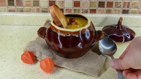Pumpkin cream soup Video stock 149873289