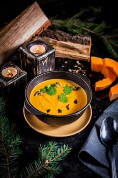 Pumpkin cream soup Stock Photos