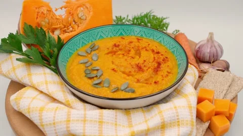 Pumpkin cream soup on white background, vegetables for making soup Stock Footage 162959906