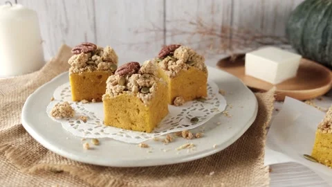 Pumpkin Cube pound cake set on table. Stock Footage 150484788
