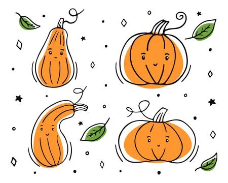 Pumpkin. Cute set of pumpkins with leaves and colored spots Stock Illustration