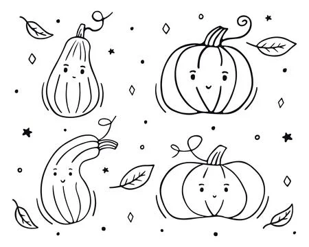 Pumpkin. Cute set of pumpkins with leaves isolated on white. Vector Stock Illustration