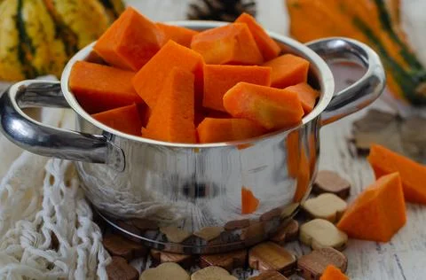 The pumpkin dessert preparation in the kitchen Stock Photos