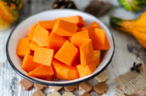 The pumpkin dessert preparation in the kitchen Stock Photos