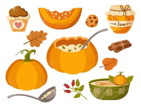 Pumpkin dish. Vector set of dishes with fresh ripe pumpkin, jam jar, soup. Illustrazione stock