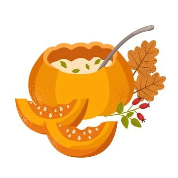 Pumpkin dish. Vector set of dishes with fresh ripe pumpkin, jam jar, soup. Stock Illustration