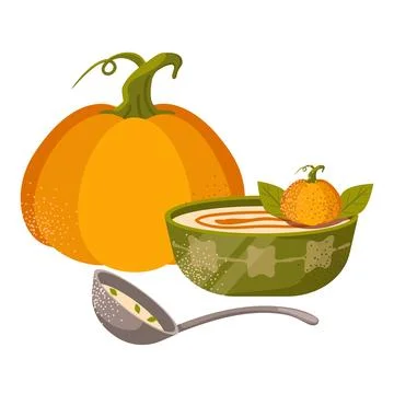 Pumpkin dish. Vector set of dishes with fresh ripe pumpkin, jam jar, soup. Stock Illustration