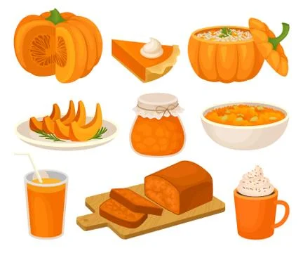 Pumpkin dishes set, pie, jam jar, fruitcake, porridge, spice whipped latte Stock Illustration