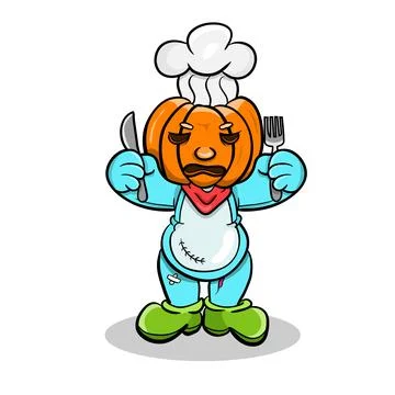 Pumpkin Doll chef Character with fork and knife. Vector clip art. Stock Illustration