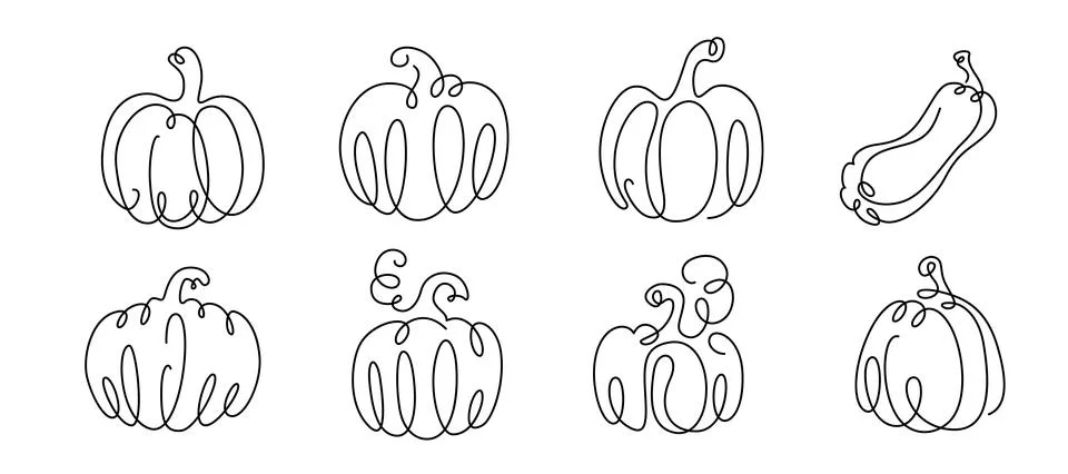 Pumpkin drawing continuous line vector illustration set. Black one thin contour Stock Illustration