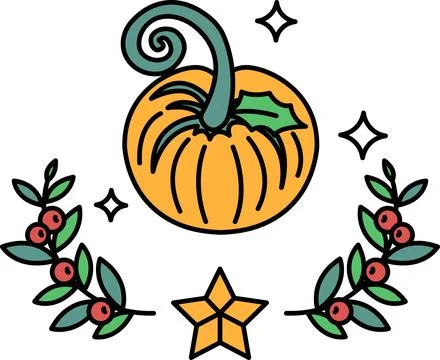 A pumpkin is drawn with a stem and a leaf Stock Illustration