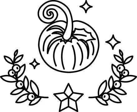 A pumpkin is drawn with a stem and a leaf Stock Illustration