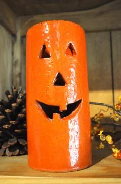 Pumpkin face candle Stockfoto's