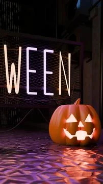 Pumpkin face expanding to reveal full neon sign and alleyway Stock Illustration