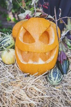 Pumpkin with a face lies on a haystack for Halloween Stock Photos