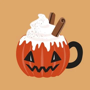 Pumpkin face mug with spice latte coffee. Seasonal hot drink with foam, cre.. Stock Illustration