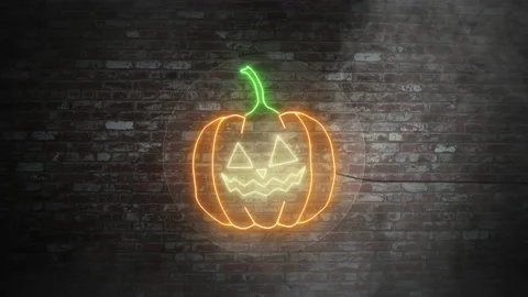 Pumpkin face neon signboard on bricks wall background. Pumpking halloween Stock Footage 220858984