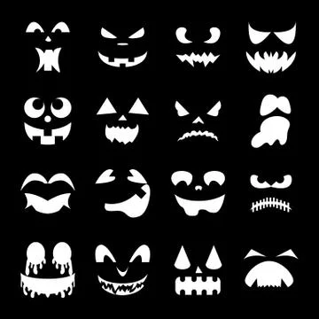 Pumpkin Faces on a black background. Vector Collection of Spooky Halloween. Stock Illustration