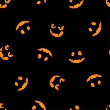 Pumpkin faces glowing on dark background. Seamless pattern. イラスト素材