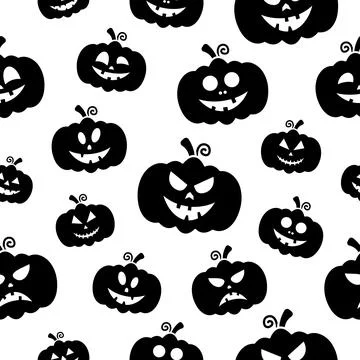 Pumpkin faces silhouettes seamless pattern. Stock Illustration