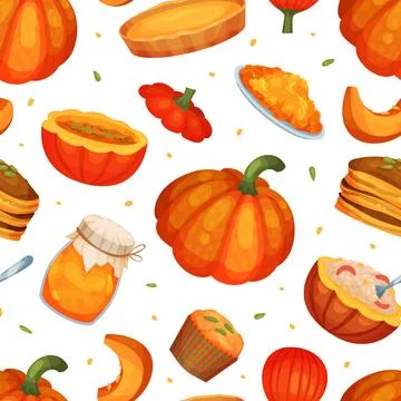 Pumpkin food seamless pattern. Delicious healthy dishes made of pumpkin Stock Illustration