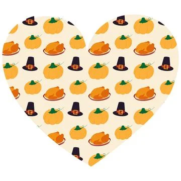 Pumpkin Fried Turkey on dish and Pilgrim Hat Colorful Pattern on Heart shape Stock-Illustration