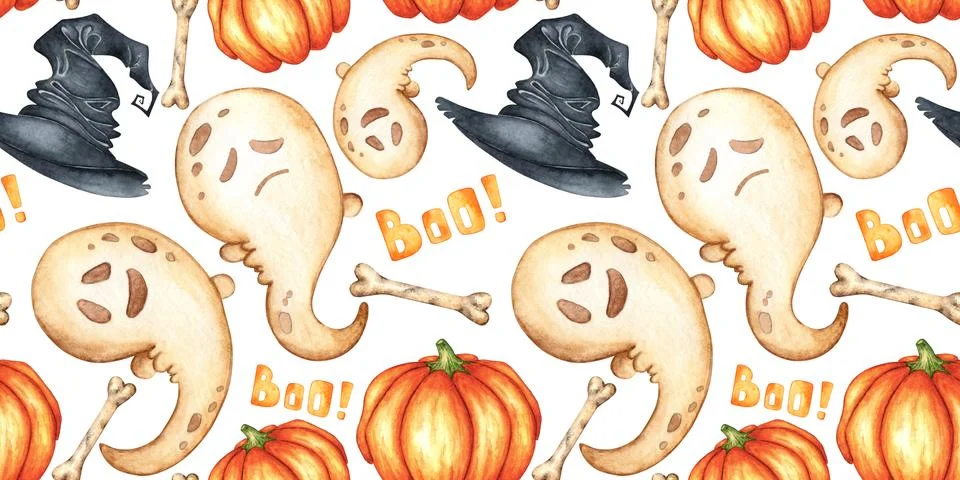 Pumpkin ghost and hat pattern watercolor Stock Illustration