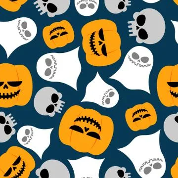 Pumpkin, Ghost and skull seamless pattern. Vector backgrounds for Halloween.  Stock Illustration