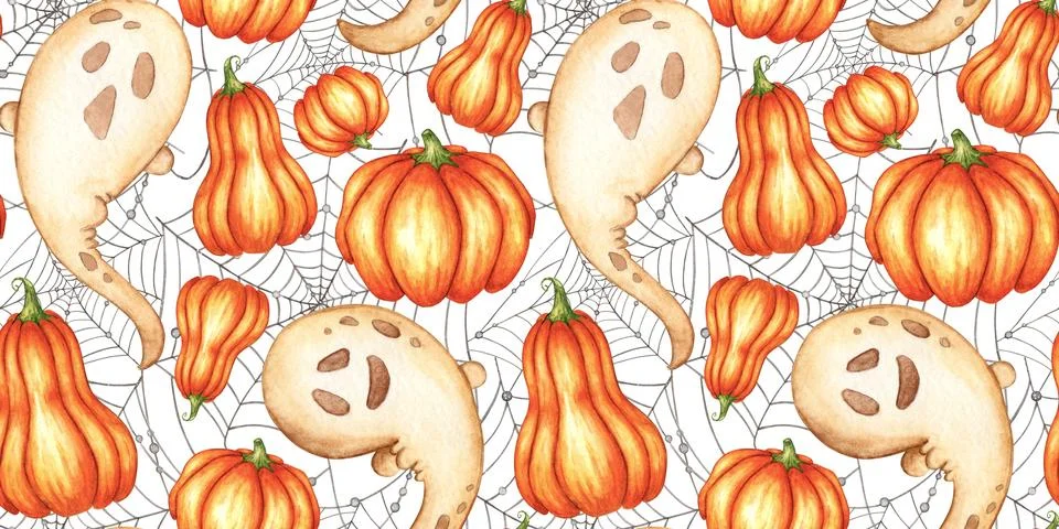 Pumpkin ghost and spider web pattern watercolor Illustrazione stock