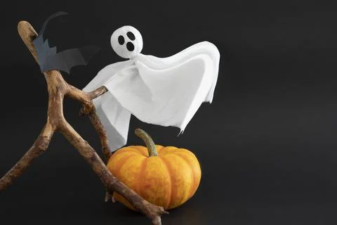 Pumpkin, ghost, bats on black background, copy space. Halloween concept Stock Photos