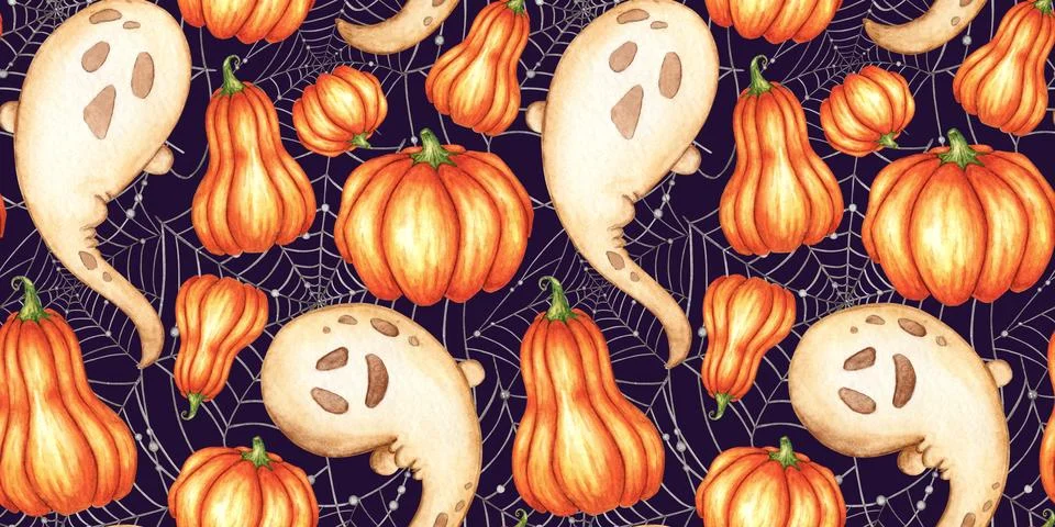 Pumpkin ghost spider web pattern on blue watercolor Illustrazione stock
