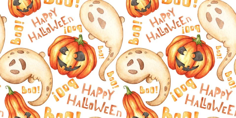 Pumpkin Ghost Text Pattern Watercolor 스톡 일러스트