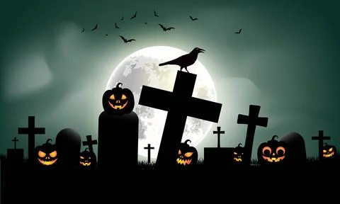 The Pumpkin Graveyard: Where Black Crows Watch and the Dead Never Sleep Stock Illustration