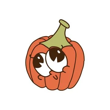 Pumpkin Groovy Character. Retro cartoon mascot. Contour hand drawn vector Illustrazione stock