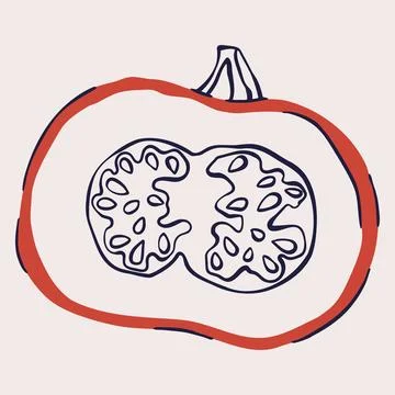 Pumpkin Half with Seeds Inside and Red Orange Skin Outline. Hand Drawn Doodle Stock Illustration